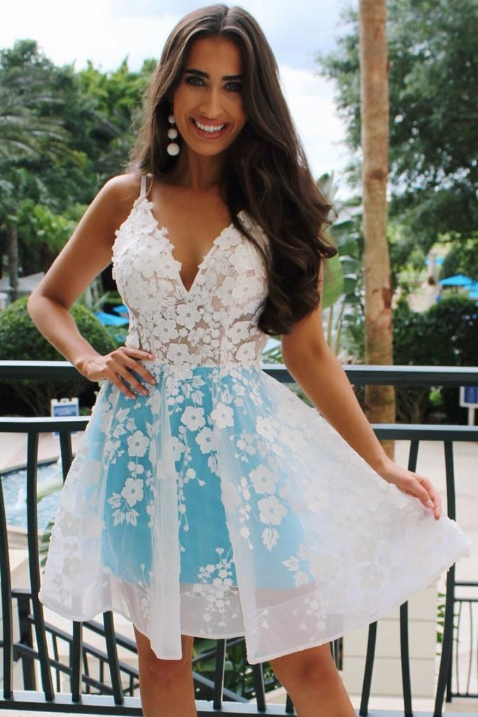 A Line V Neck Floral Appliques Homecoming Dress, Short Prom Dresses INQ9