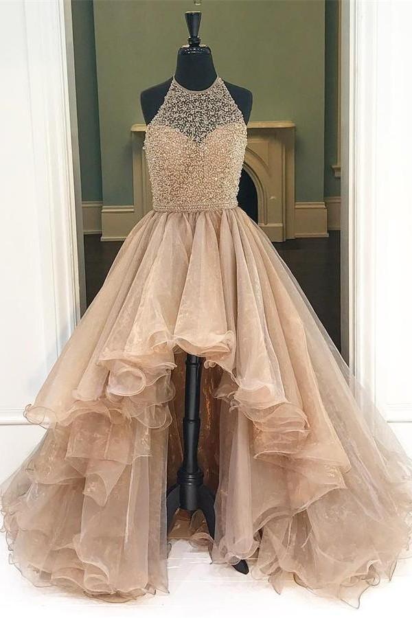 Short Front Long Back Halter Beading Open Back Prom Dresses K713