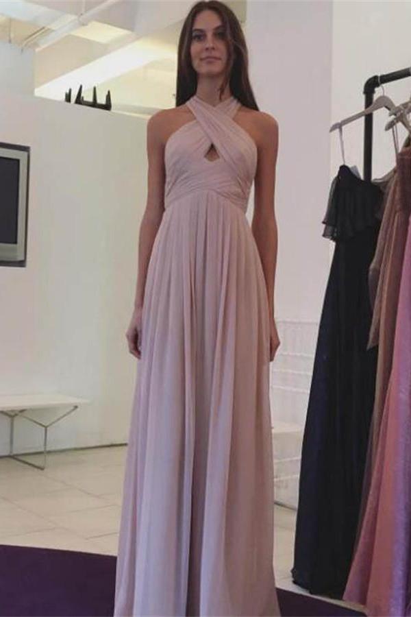 Pink Chiffon Long A-line Halter Simple Cheap Elegant Prom Dresses K766