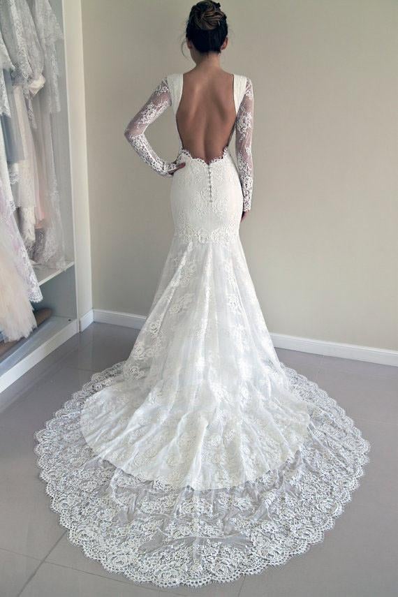 Custom Made Trumpet Mermaid Backless Long Sleeves Lace Wedding Dress IN197