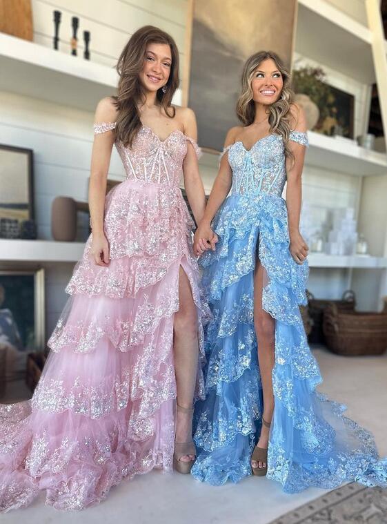 Sparkly Prom Dress with Slit Skirt, Long Graduation School Dresses, Evening Party Gown IN2024