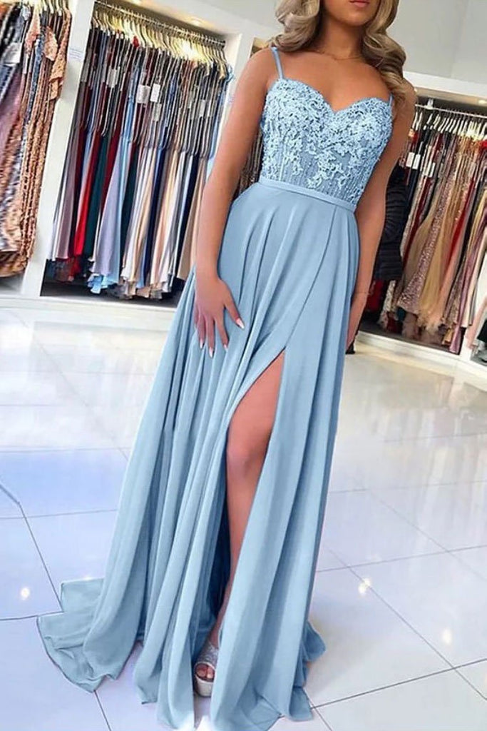 Light Blue Chiffon Slit Spaghetti Straps Prom Dresses, Long Evening Dress INQ5