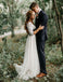 A-Line V-Neck Half Sleeves Backless Tulle Wedding Dresses with Lace Top INM85