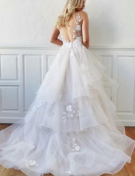 Romantic A-Line V Neck Tiered Appliques Tulle Long Wedding Dresses INM87