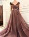 A Line V Neck Cap SleevesBrown Long Flowers Prom Dress With Pockets INR10