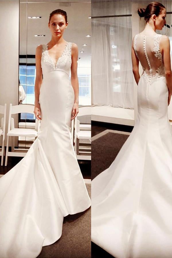 Sleeveless Button Mermaid Gorgeous V-Neck Satin Wedding Dress With Lace Appliques IN539