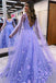 Lavender 3D Floral Lace Plunge V A-Line Prom Dress with Cape Sleeves Formal Evening Dress IN1899