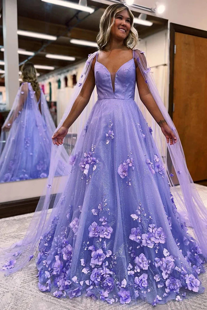 Lavender 3D Floral Lace Plunge V A-Line Prom Dress with Cape Sleeves Formal Evening Dress IN1899