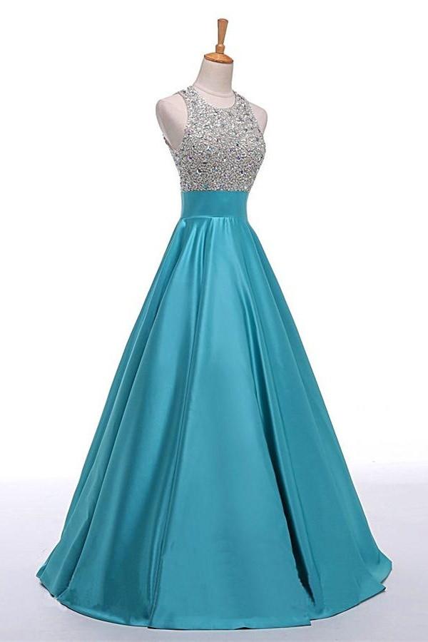 Light Blue Backless Beaded Long A-line Satin Classy Prom Dresses K716