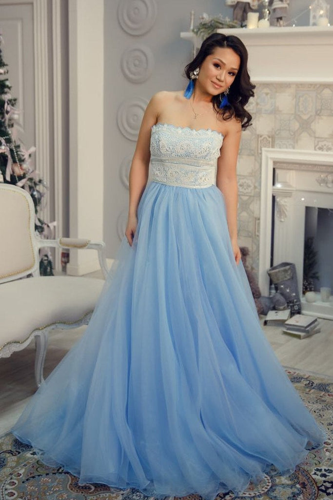 Princess Strapless Sky Blue Long Tulle A Line Prom Dress with White Lace IN950