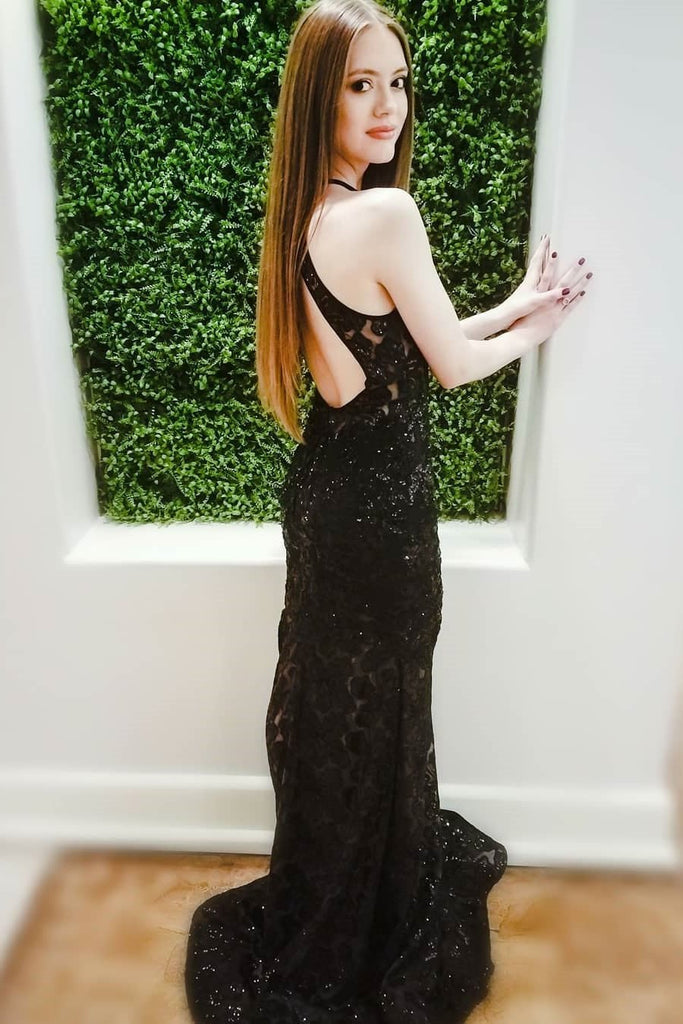 Sexy Black Lace Mermaid Long Sleeveless Keyhole Prom Dress with Open Back IN983