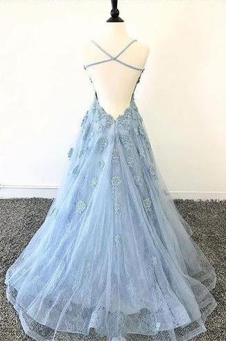 Lace Appliques Sky Blue Prom Dress with Criss Cross Back INP13