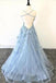 Lace Appliques Sky Blue Prom Dress with Criss Cross Back INP13