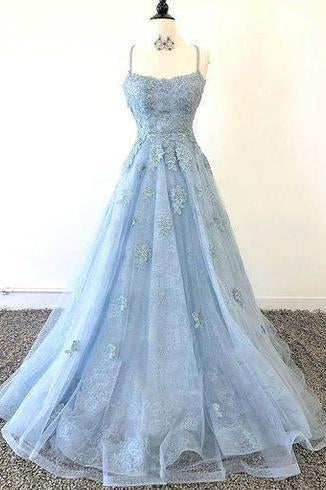 Lace Appliques Sky Blue Prom Dress with Criss Cross Back INP13