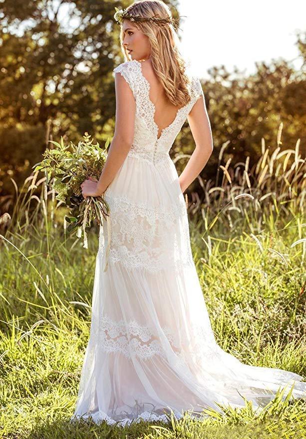 Bohemian A Line V Neck Lace Bridal Gown Simple Beach Wedding Dresses INK37