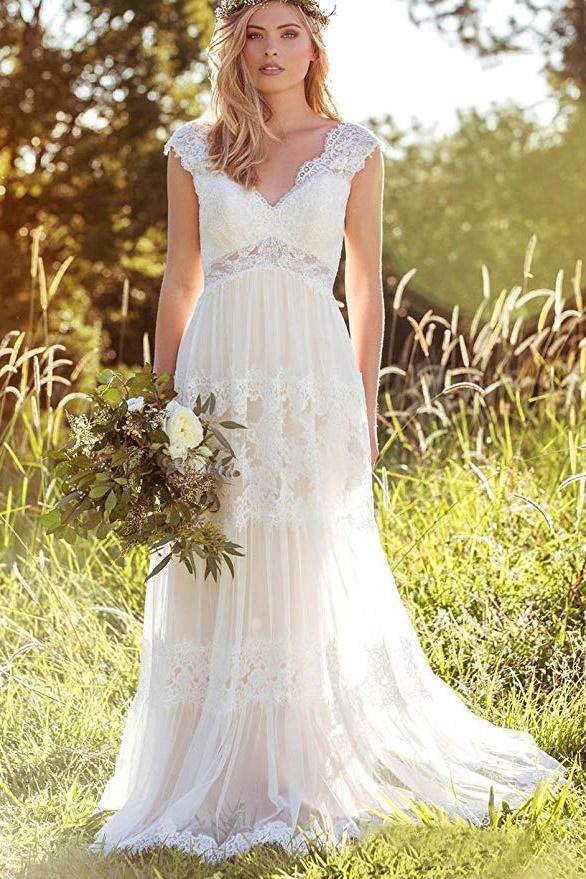 Bohemian A Line V Neck Lace Bridal Gown Simple Beach Wedding Dresses INK37