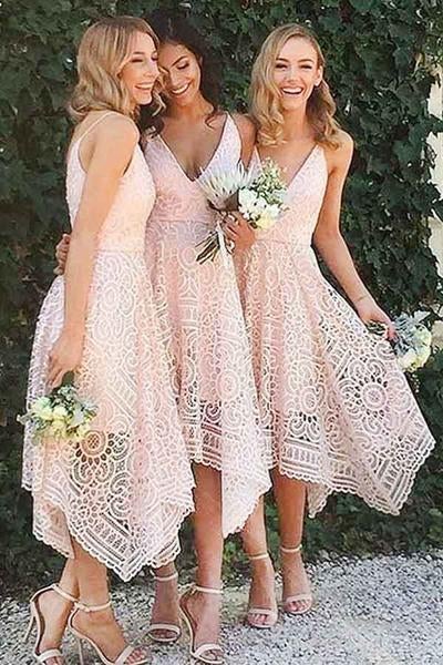 Navy Blue/Pink Deep V-neck Spaghetti Straps Sleeveless Asymmetry Lace A-line Bridesmaid Dress IN236