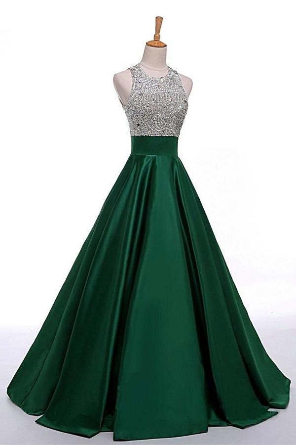 Beautiful Green Satin Beading Long Simple Cheap HanINade Prom Dresses K717