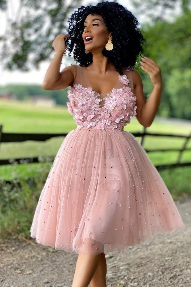 Princess A-Line Pink Beaded Sgort Homecoming Dresses with Flowers INHD25