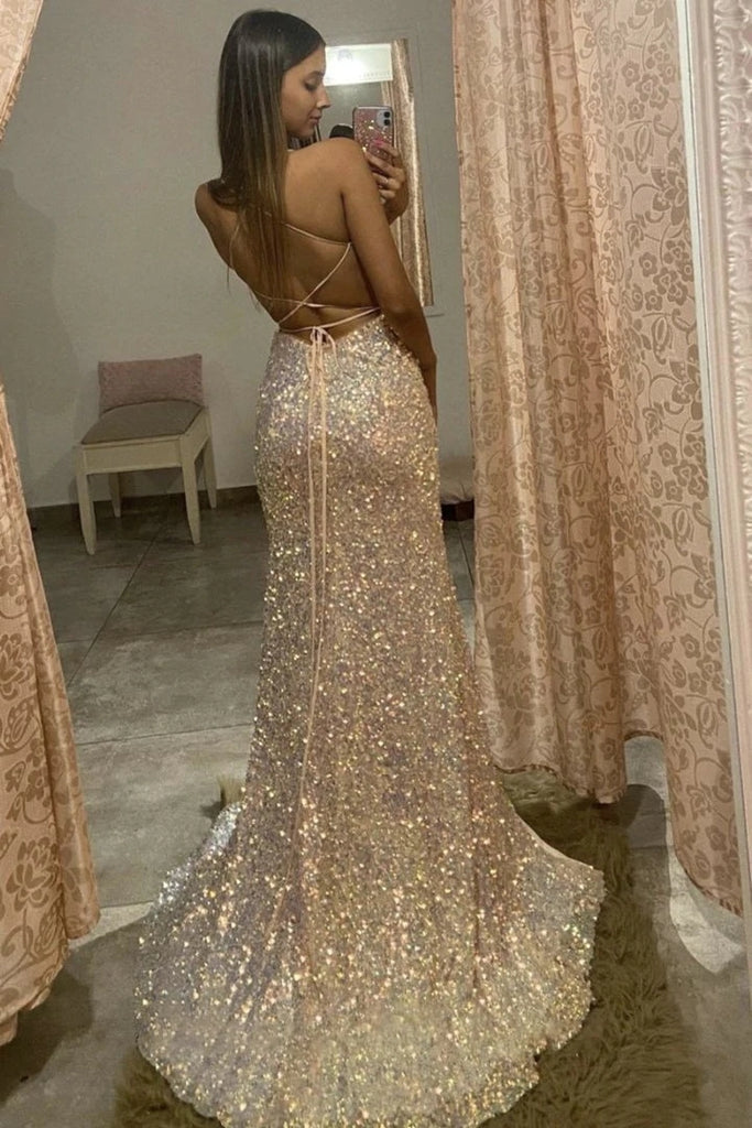 Shiny Mermaid Sequins Long Prom Dress Sleeveless Evening Dresses with Slit INDP6