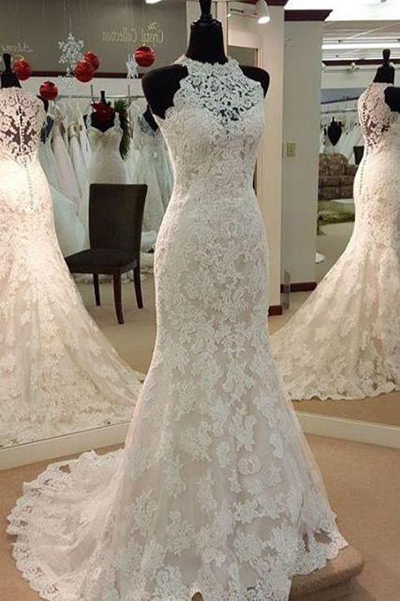 Elegant Mermaid Sleeveless Lace Wedding Dress,Cheap Bridal Dresses INC74