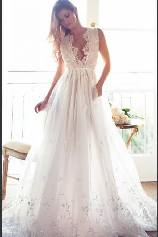 Modest Wedding Dresses,A Line Wedding Dress,Chiffon Wedding Dress,Appliqued Wedding Dress,Beach Wedding Dresses,Coast Wedding Dress,Deep V-neck Wedding Dresses,Chiffon Wedding Gowns,Ivory Wedding Dress,Summer Wedding Dress