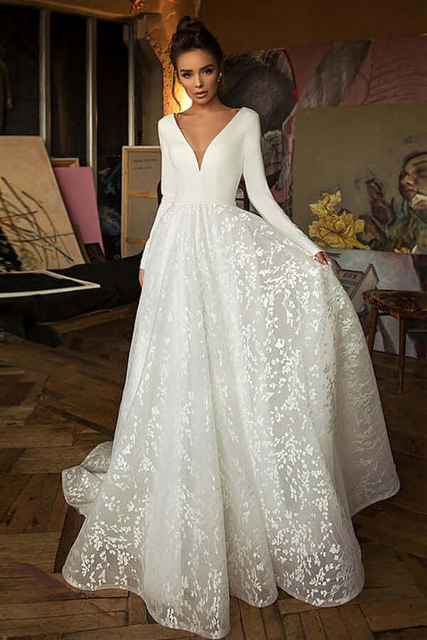 A-line V-neck Long Sleeves Wedding Dresses With Court Train, Bridal Gown IN1807