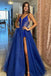 A Line V Neck Royal Blue Lace Prom Dresses, Formal Evening Dresses IN1915