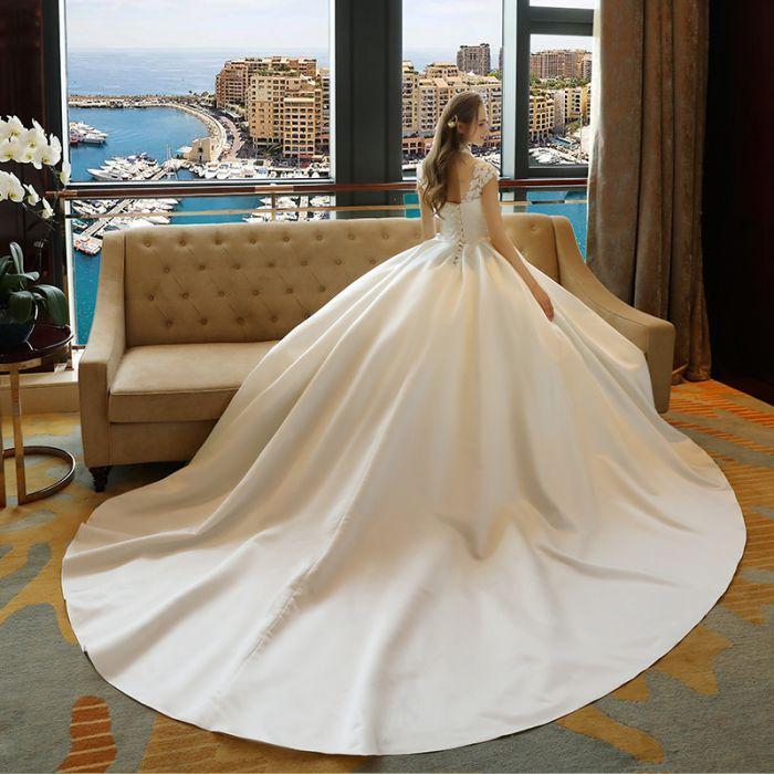 Ivory High Neck Ball Gown Lace Applique Cheap Wedding Dresses IN801