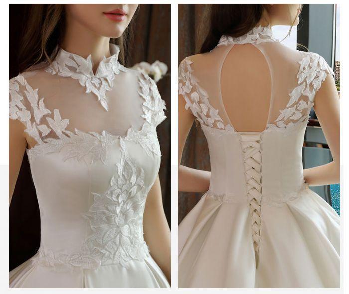 Ivory High Neck Ball Gown Lace Applique Cheap Wedding Dresses IN801