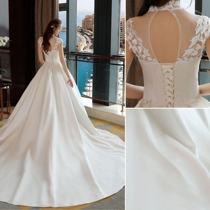 Ivory High Neck Ball Gown Lace Applique Cheap Wedding Dresses IN801