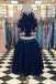 Two Pieces Dark Navy Scoop Floral Elegant Short Prom Dresses,Homecoming Dress IND46