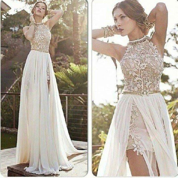 A-line Sexy High Neck Lace Bodice Beach Wedding Dress,Ivory Chiffon Prom Dress IN220