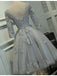 Gray A Line Homecoming Dresses with Half Sleeves,Lace Appliqued Short Prom Dresses IN463