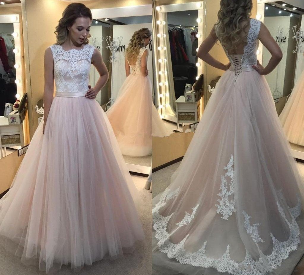 A-line Light Pink Tulle with White lace appliqued Long Backless Prom Dress IN221