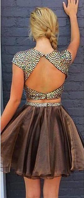 Sexy Rhinestone Beaded Organza Shinny 2 Pieces Cap Sleeves Backless Homecoming Dresses IN372