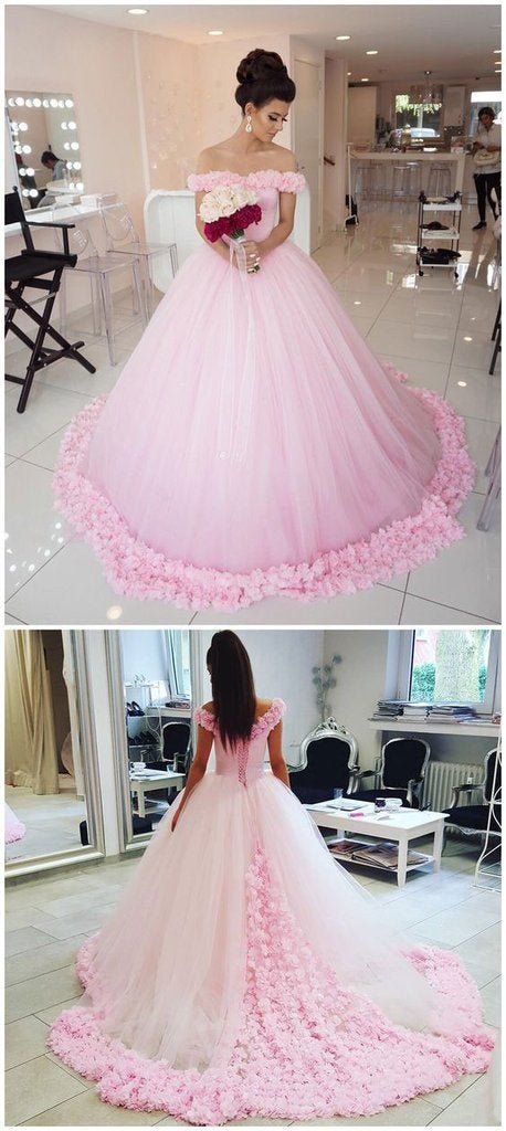 Ball Gown Off shoulder Pink Tulle Flowers Wedding Dresses,Pink Quinceanera Dresses IN224