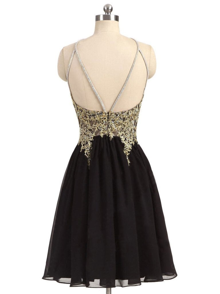 Black Chiffon Gold Beading Lace Halter Backless Homecoming Dresses For Teens IN373