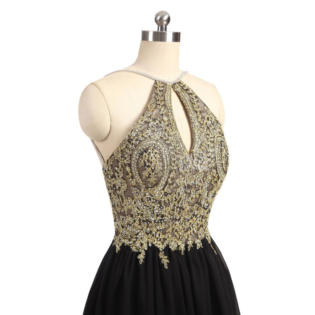 Black Chiffon Gold Beading Lace Halter Backless Homecoming Dresses For Teens IN373