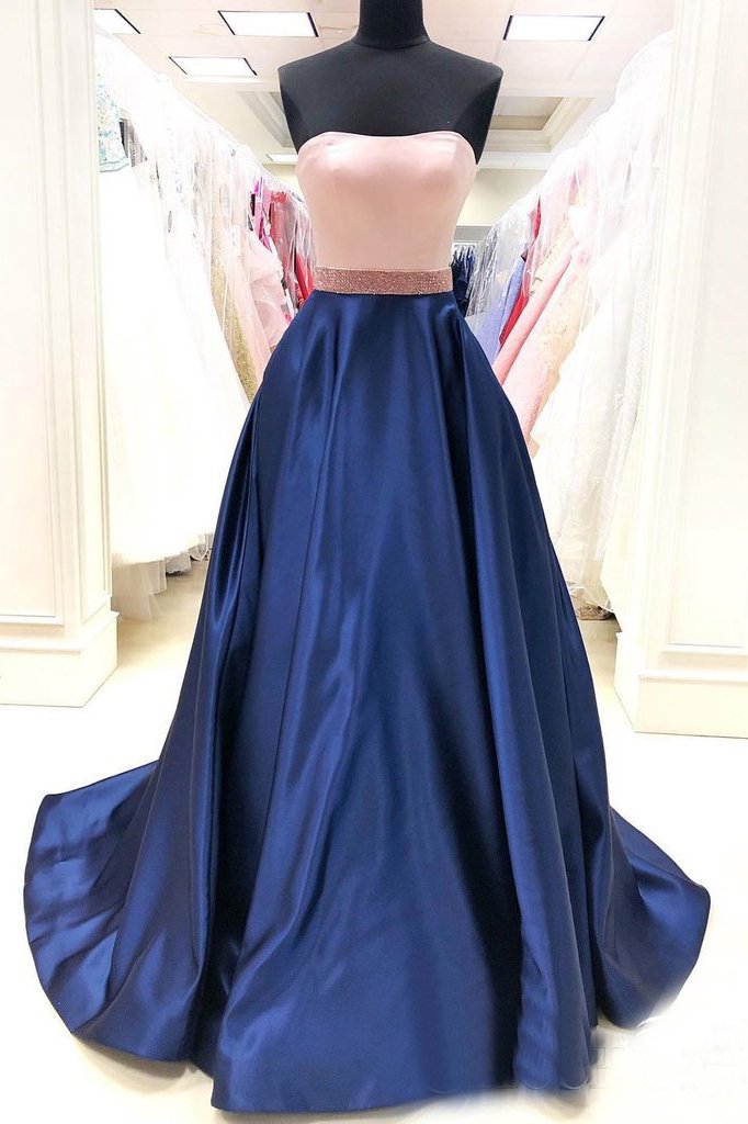 Simple Royal Blue Satin A Line Long Prom Dress with Pockets INS81