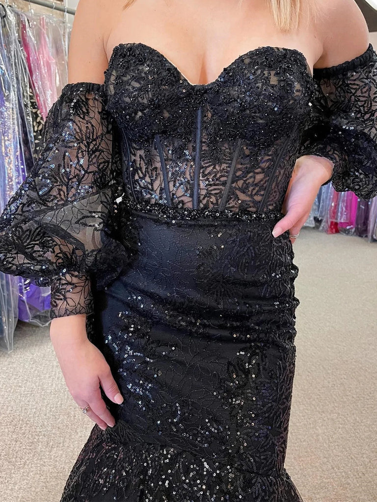 Black Lace Mermaid Long Prom Dresses,  Formal Evening Dresses IN2002