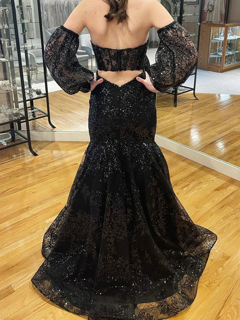 Black Lace Mermaid Long Prom Dresses,  Formal Evening Dresses IN2002