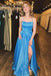 Blue Satin A-line Spaghetti Straps Long Prom Dress With Slit, Formal Evening Dress IN2008