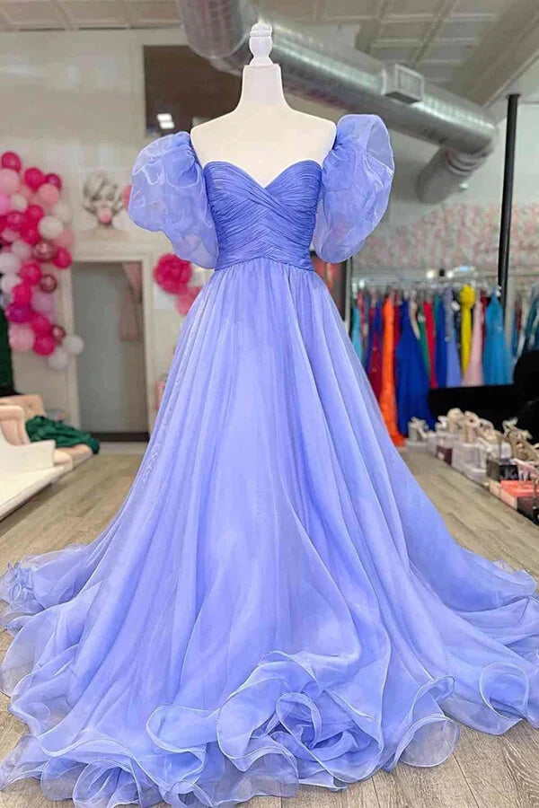 Blue Tulle A-line Princess Puff Sleeves Pleated Sweetheart Prom Dresses, Formal Evening Gown IN2007