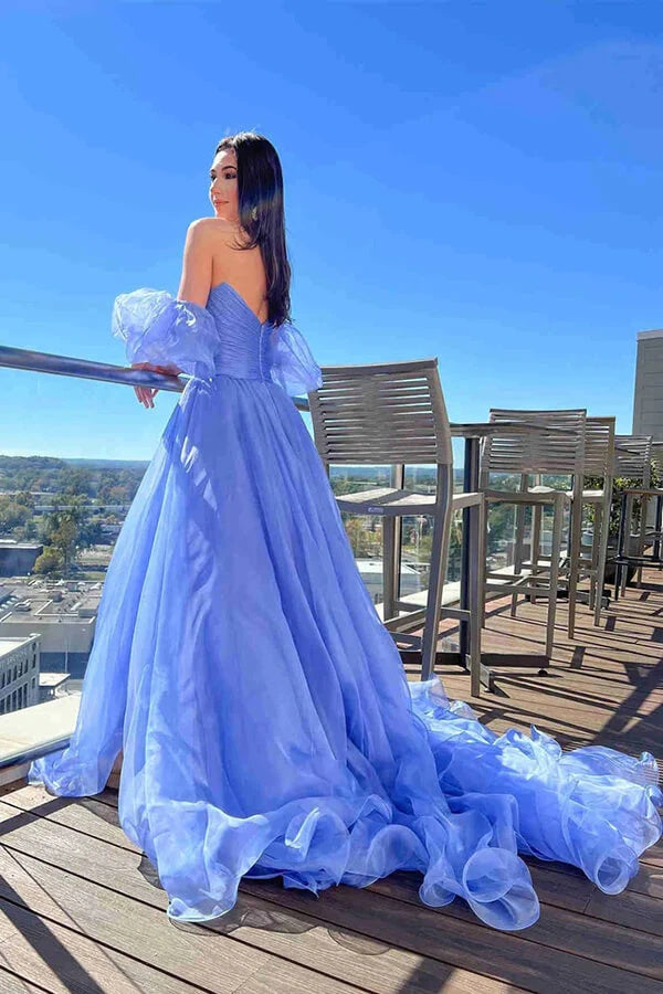 Blue Tulle A-line Princess Puff Sleeves Pleated Sweetheart Prom Dresses, Formal Evening Gown IN2007