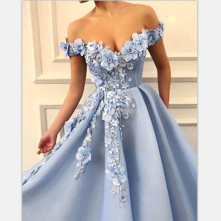 Blue Off Shoulder Flower Appliques A-line  Long Modest Beautiful Prom Dresses INH13