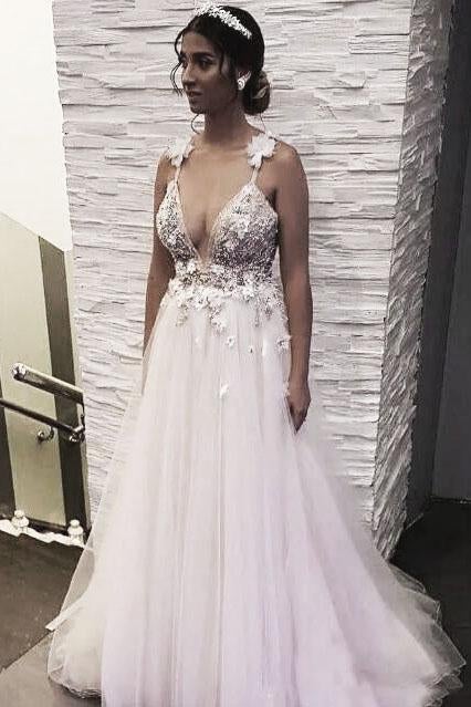 Floral Open Back Deep V-neck Straps Tulle Appliques Prom Dress,, Floral Princess Wedding Dress IN180