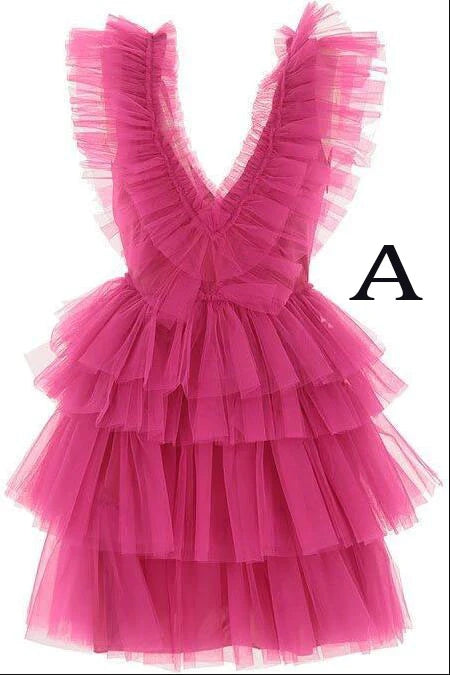 A Line Hot Pink V Neck Tiered Homecoming Dresses, Cute Tulle Short Prom Party Dresses INHD37