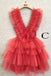 A Line Hot Pink V Neck Tiered Homecoming Dresses, Cute Tulle Short Prom Party Dresses INHD37