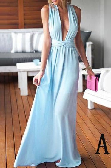 Sheath/Column V-neck Chiffon Floor-length Ruffles Blue Backless Sexy Prom Dresses IN182